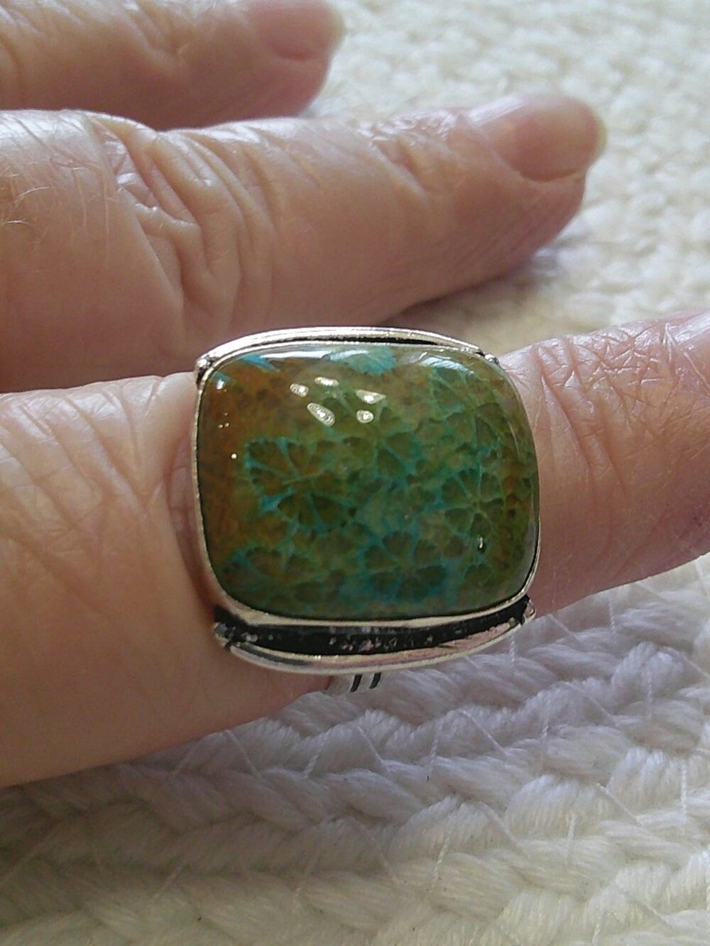 Beautiful GREEN FOSSIL CORAL Handmade Sterling 925 RIng Size 8.5 #765E